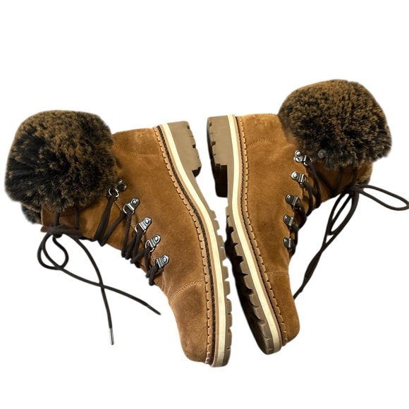 Sam Edelman Bowen Brown Suede Faux Fur Lace Up Boots in Luggage Brown Sz. 9.5 - Picture 11 of 16